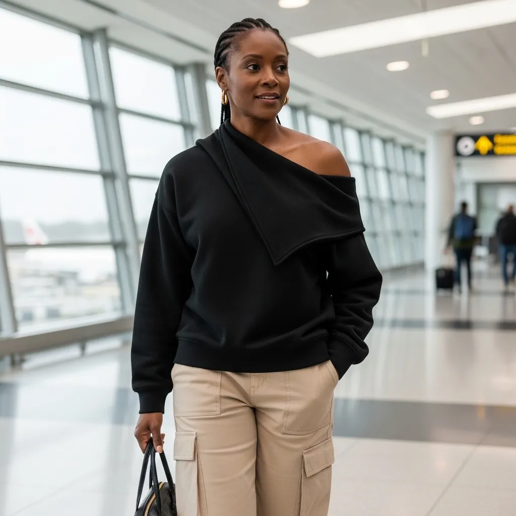 Off-shoulder sweatshirt with cargo pants