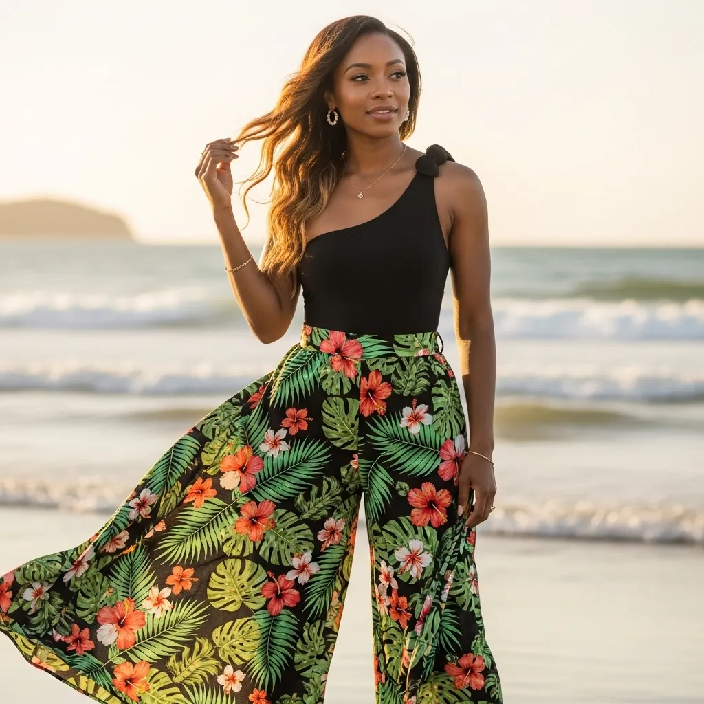 One-Shoulder Swimsuit With Flowing Palazzo Pants