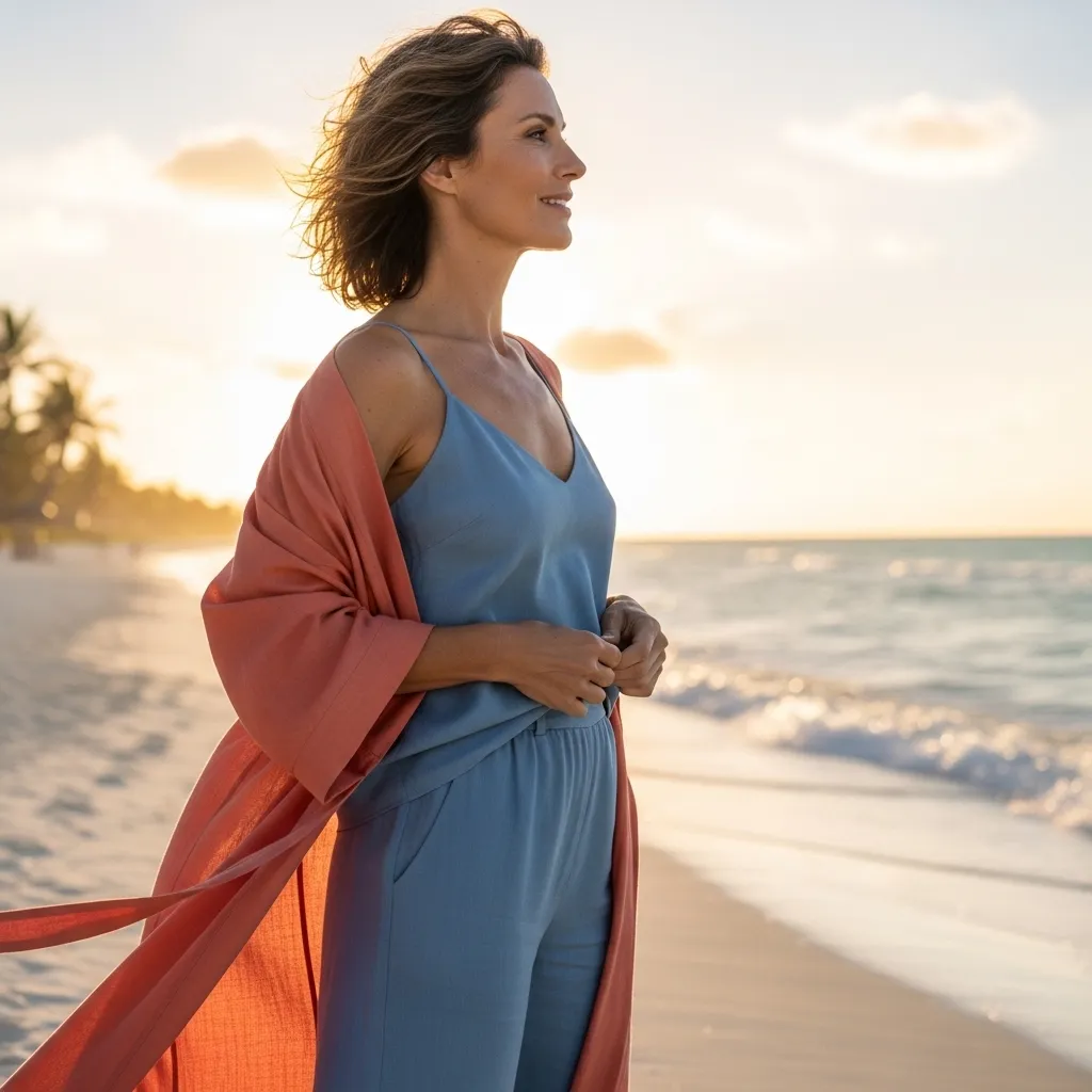 Open-Front Beach Robe With Coordinated Camisole And Pants