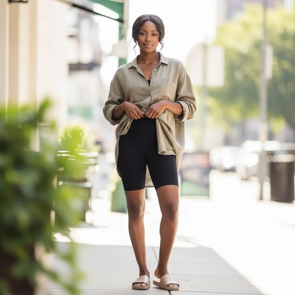 Oversized Linen Shirt With Biker Shorts And Slides