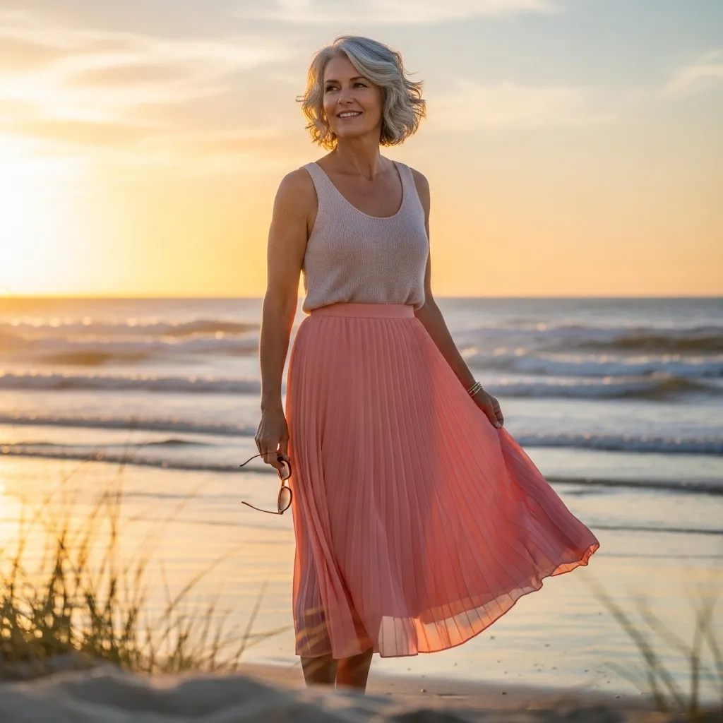 Pleated Midi Skirt With Soft Knit Tank