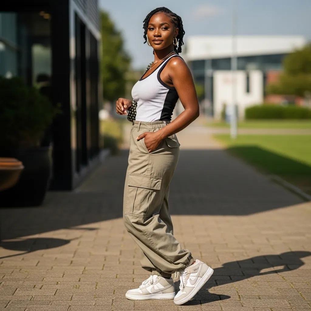 Relaxed Cargo Skirt With Fitted Tank And Sneakers