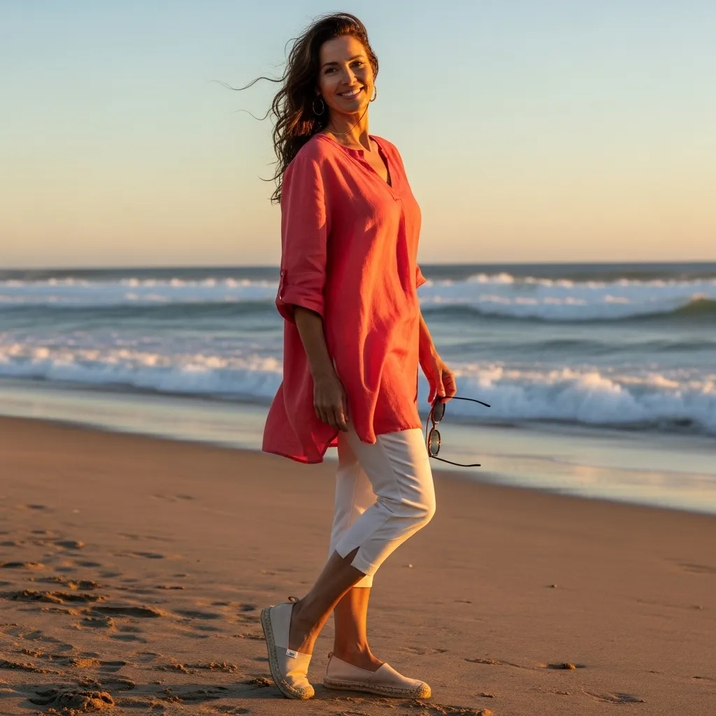 Relaxed Fit Tunic With Slim Capri Pants And Espadrilles