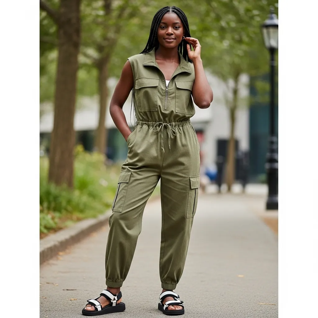 Relaxed Utility Romper With Sporty Sandals