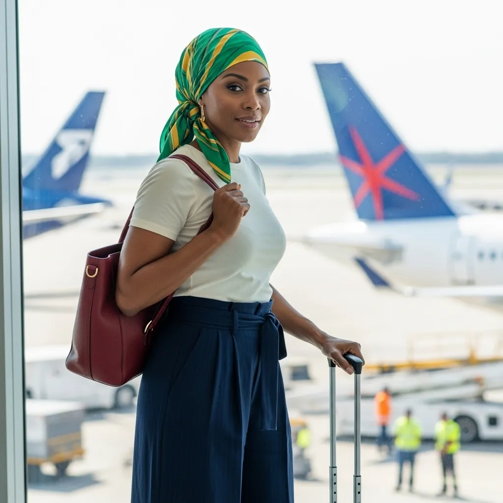 Silk headscarf with wide-leg pants and tee