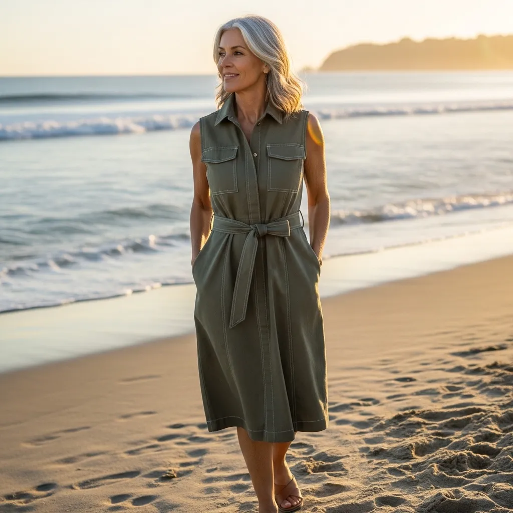 Sleeveless Utility Dress With Flat Sandals