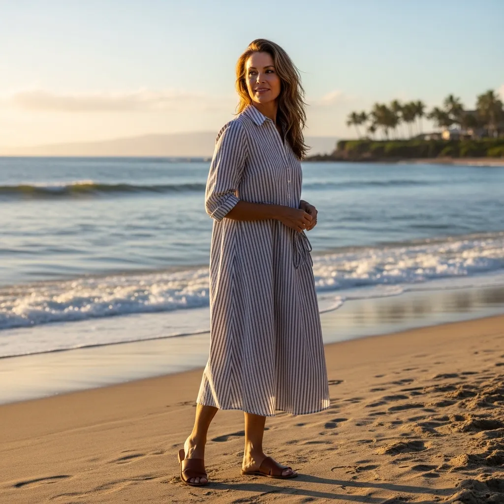 Striped Cotton Dress With Minimal Leather Slide