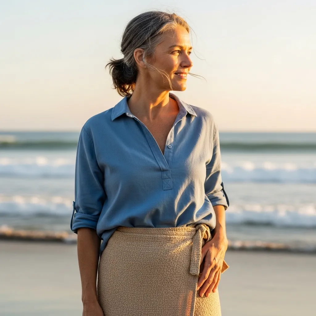Textured Wrap Skirt With Relaxed Cotton Shirt