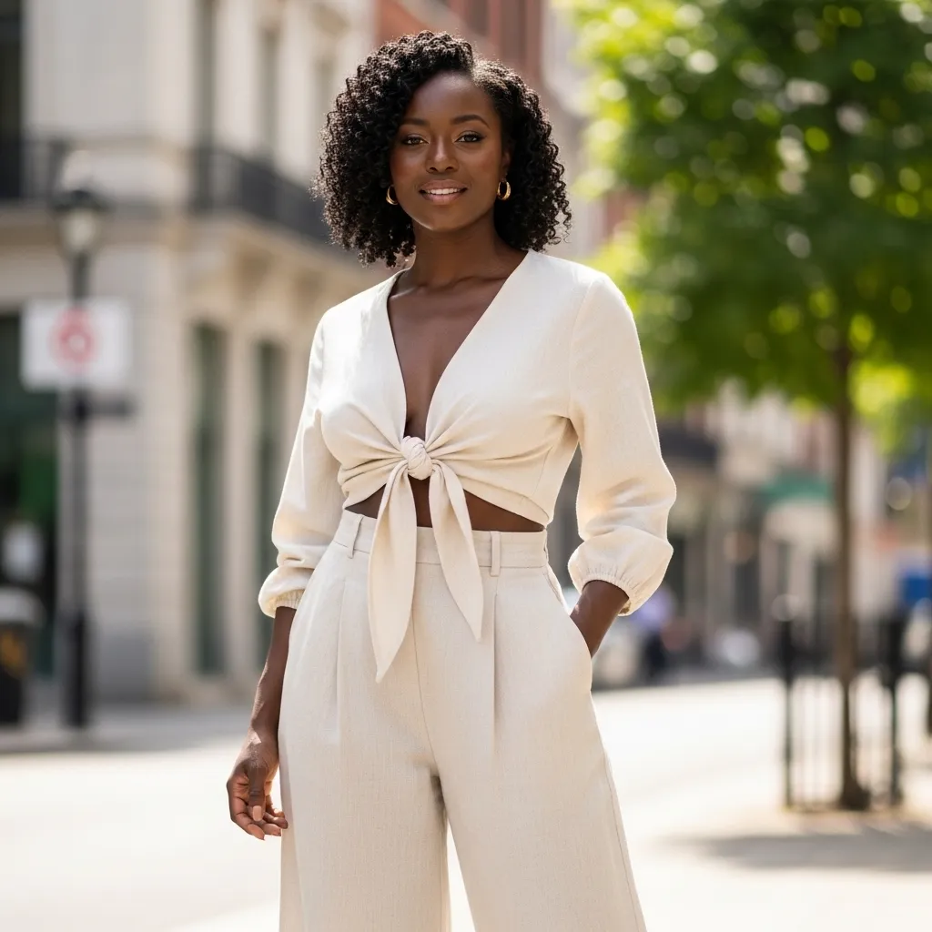 Tie-Front Blouse With High-Waist Wide-Leg Linen Pants
