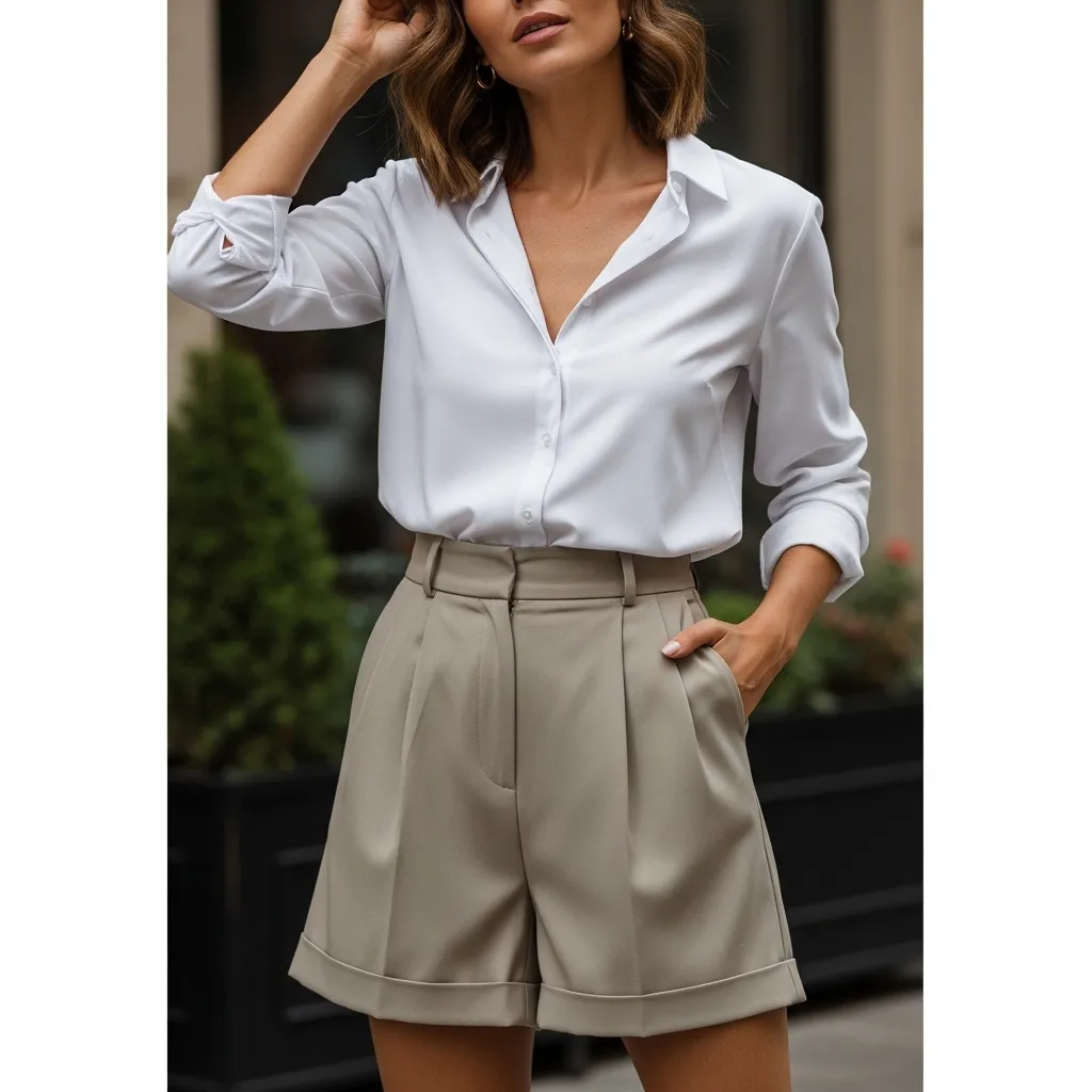 White Button-Down Shirt With Tailored Shorts