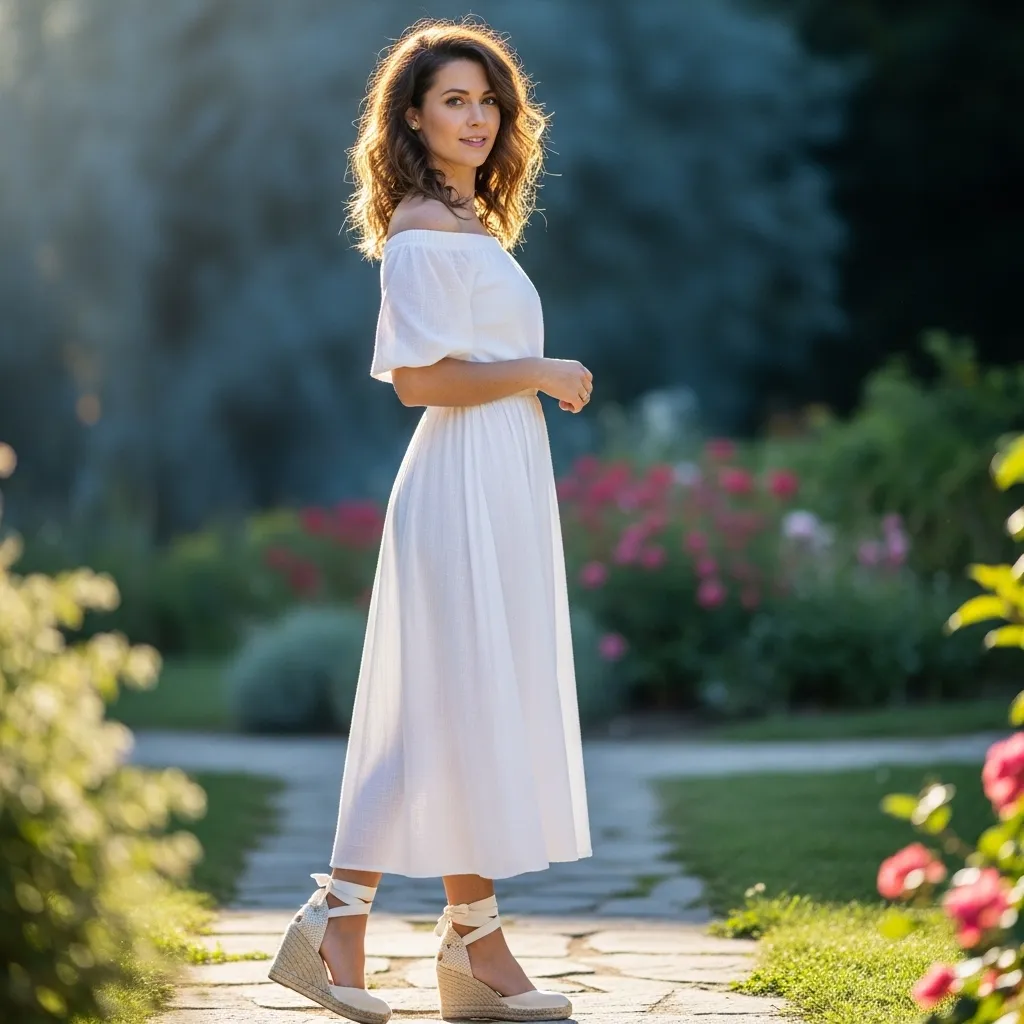 White Off-Shoulder Dress With Wedges