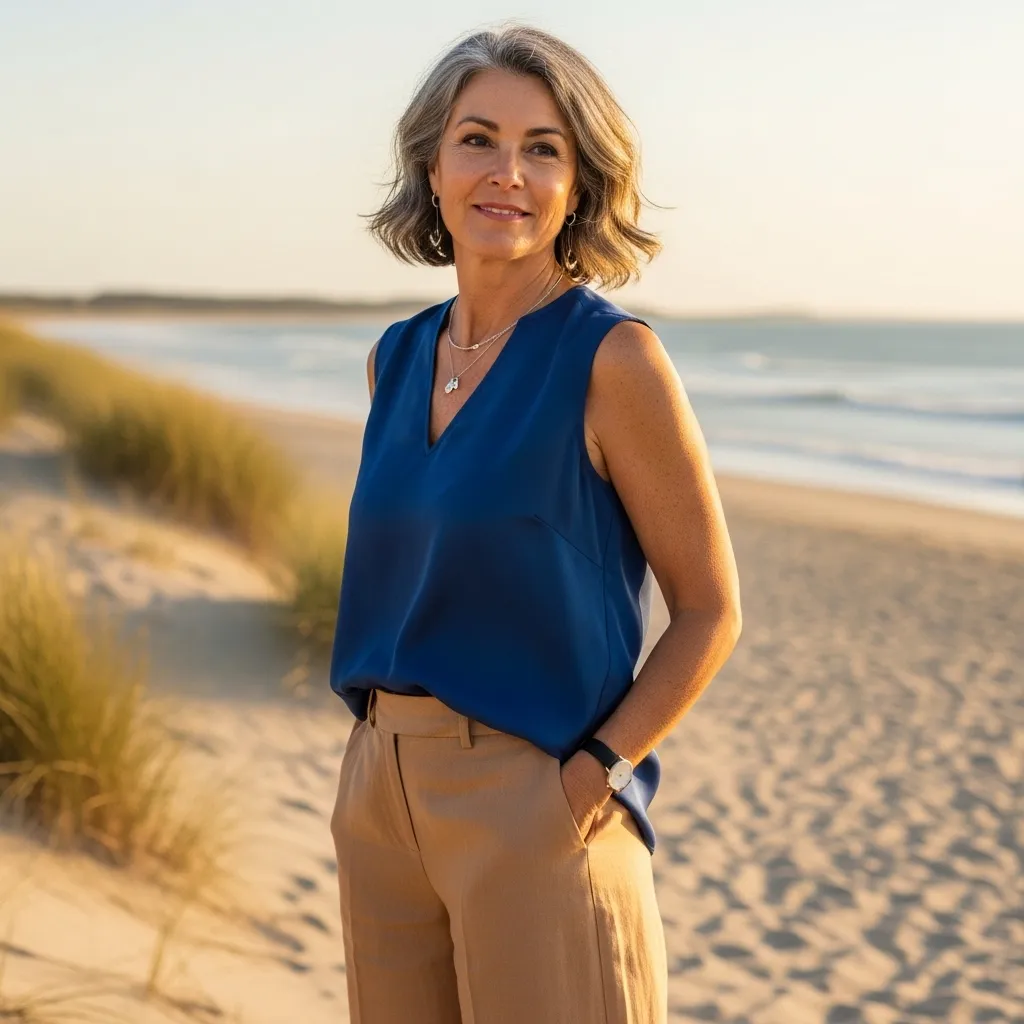 Wide-Leg Cropped Trousers With Silk Sleeveless Blouse