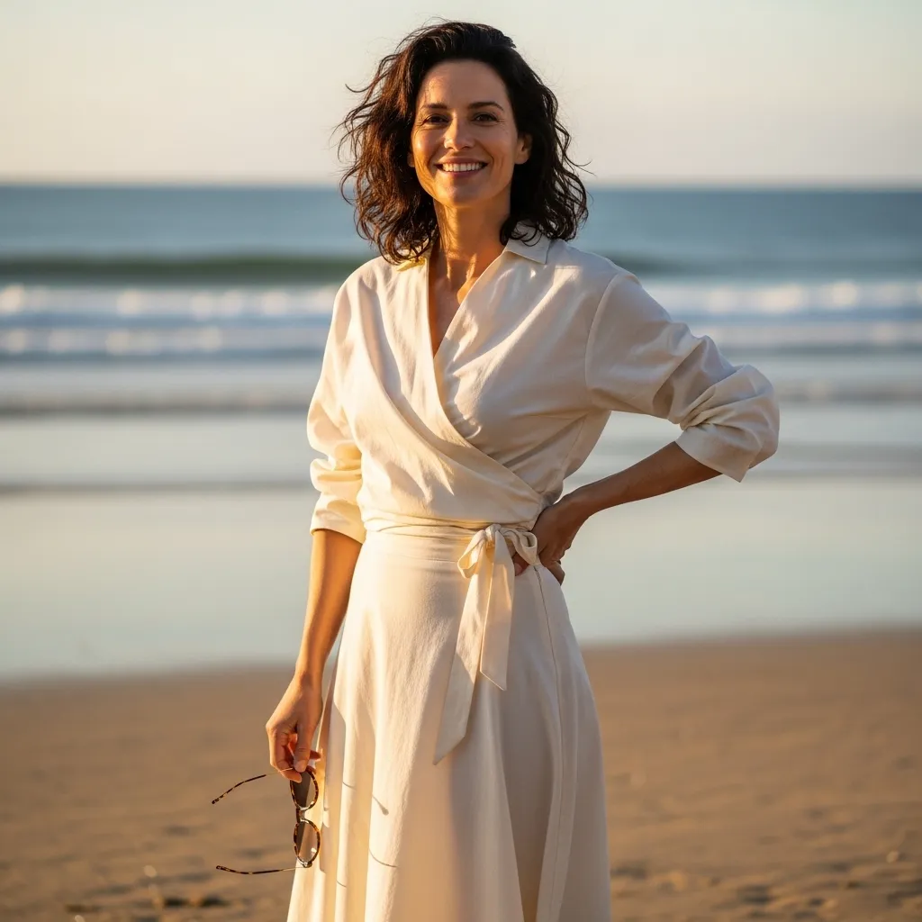 Wrap-Front Cotton Blouse With A-Line Midi Skirt