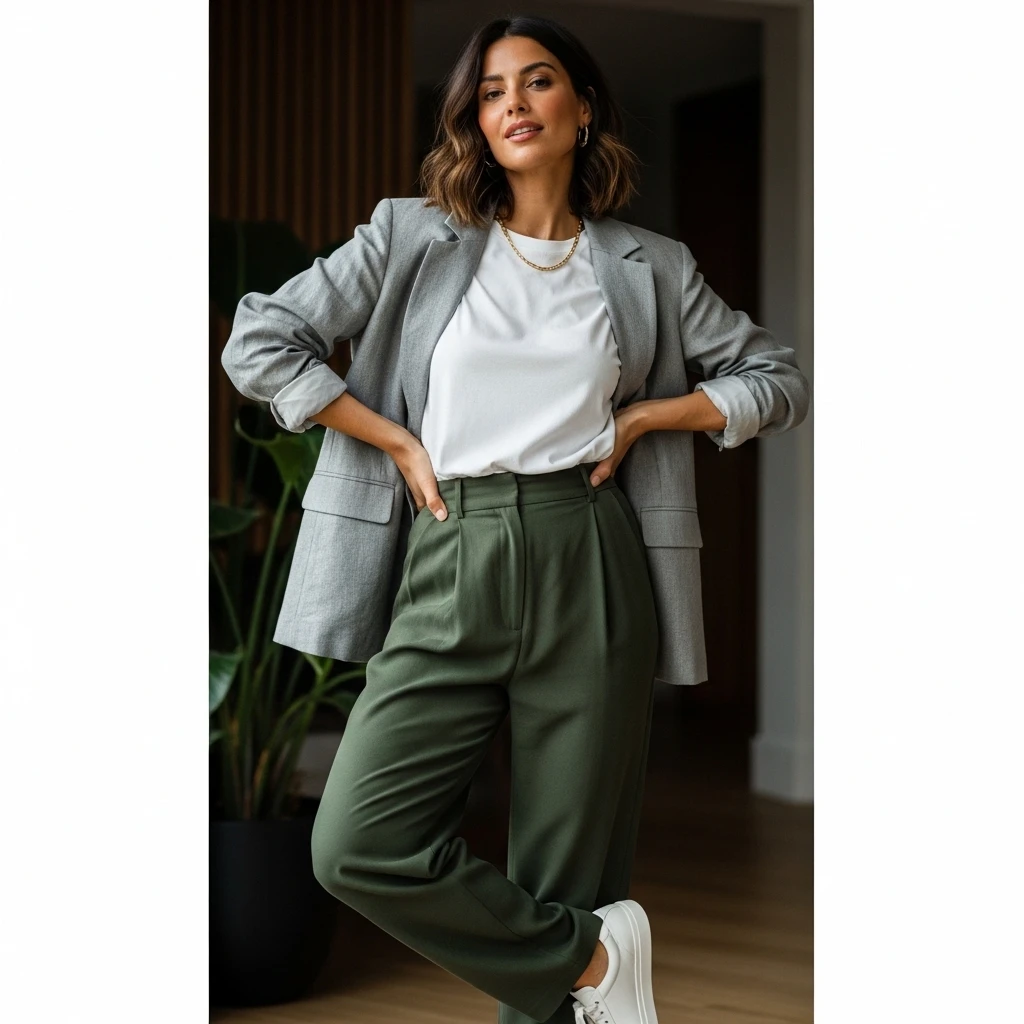 Blazer With Tee And Relaxed Trousers