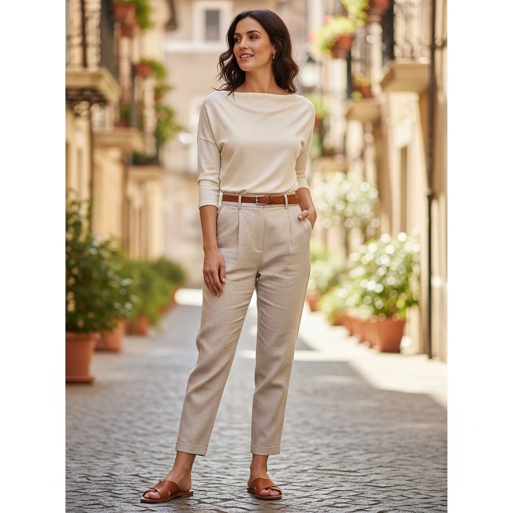 Boat-Neck Top With Linen Trousers And Slides