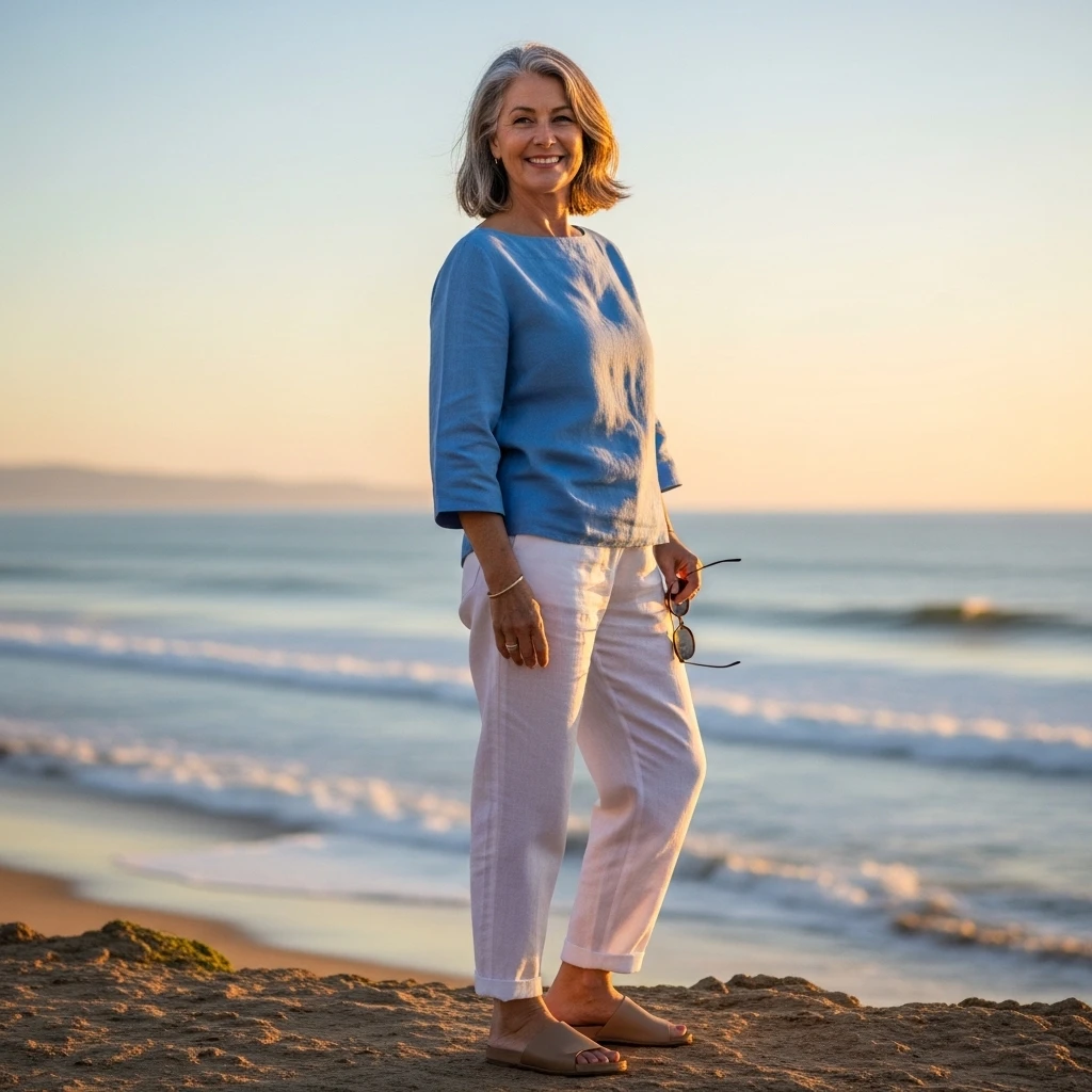 Boat-Neck Top With White Trousers And Slides