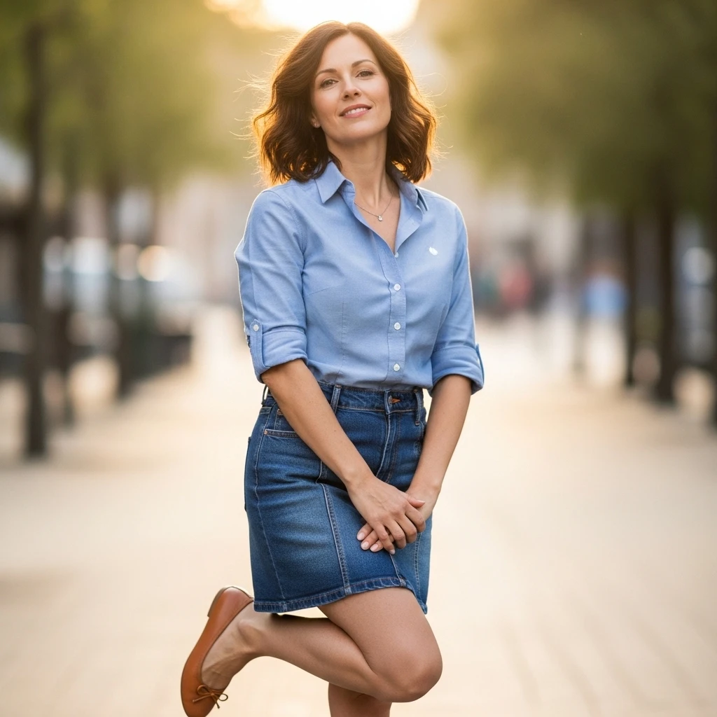 Button-Down Shirt With Denim Skirt And Flats