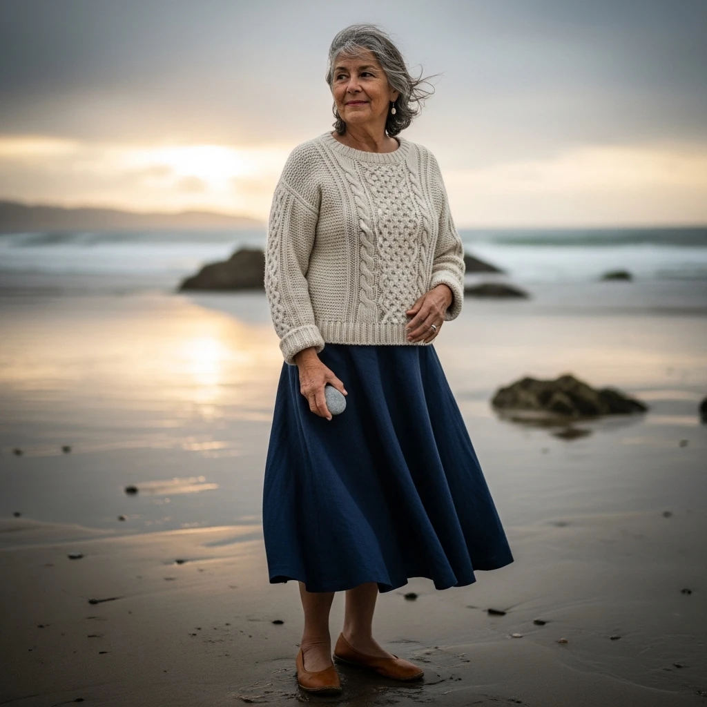 Cable-Knit Sweater With A-Line Skirt And Flats
