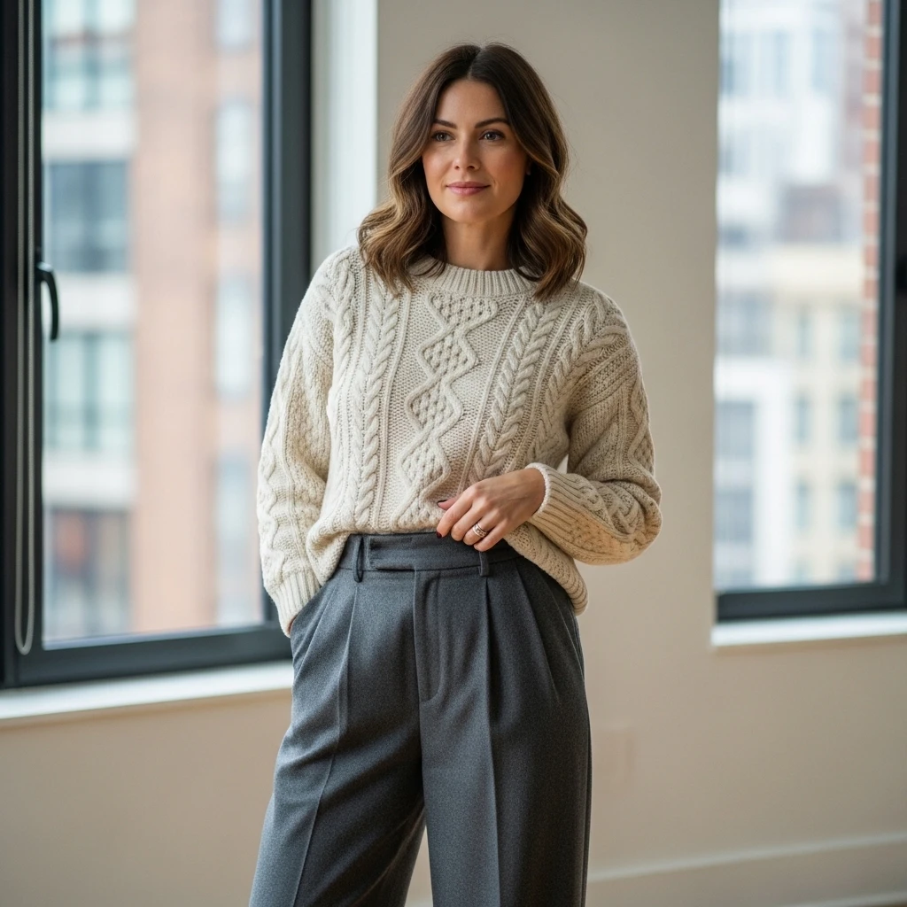 Cable-Knit Sweater With High-Waist Trousers
