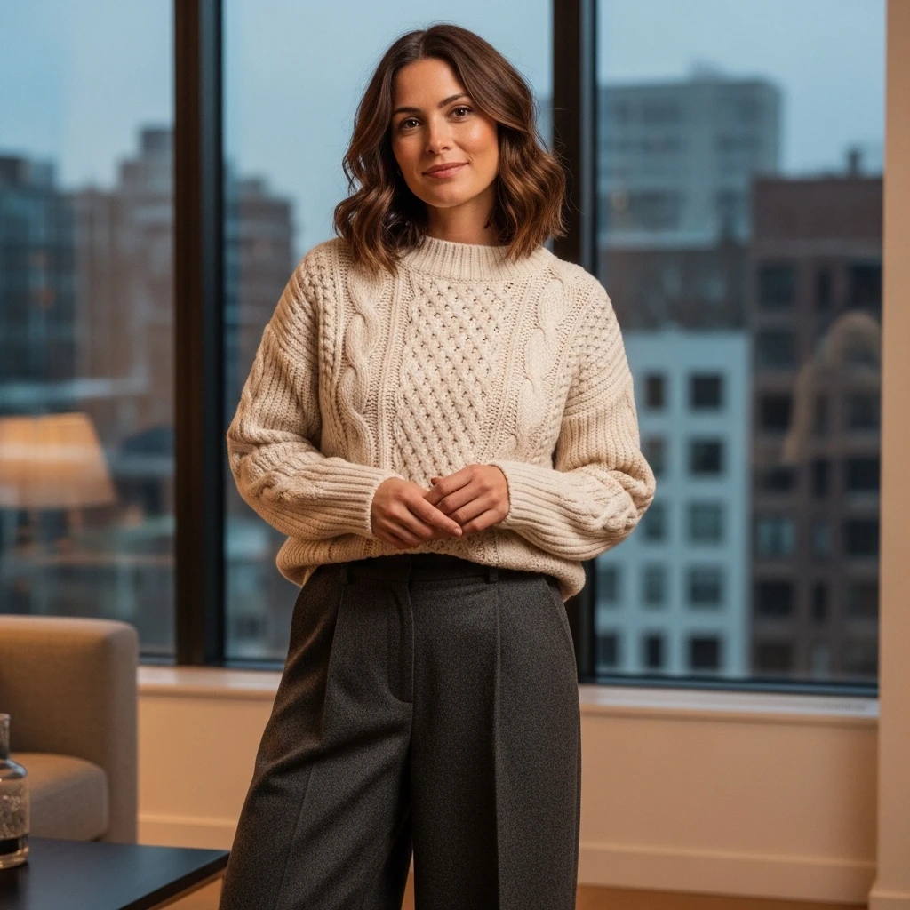 Cable-Knit Sweater With Wide-Leg Wool Pants