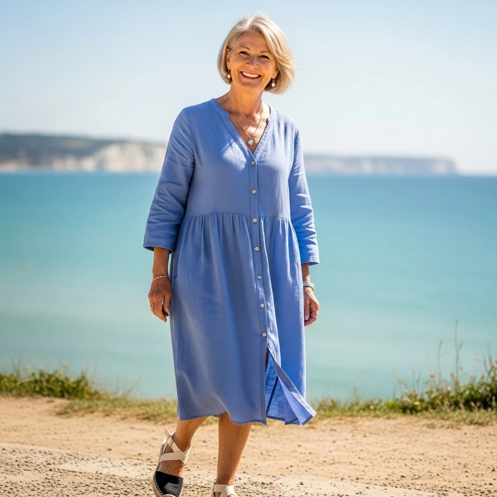 Cotton Button-Front Dress With Espadrilles