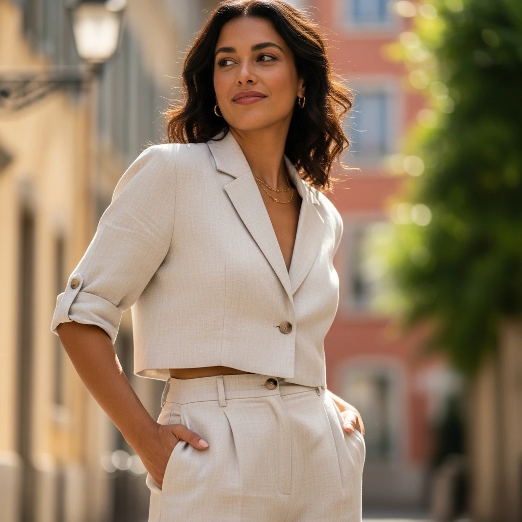 Cropped Linen Blazer With High-Waist Trousers