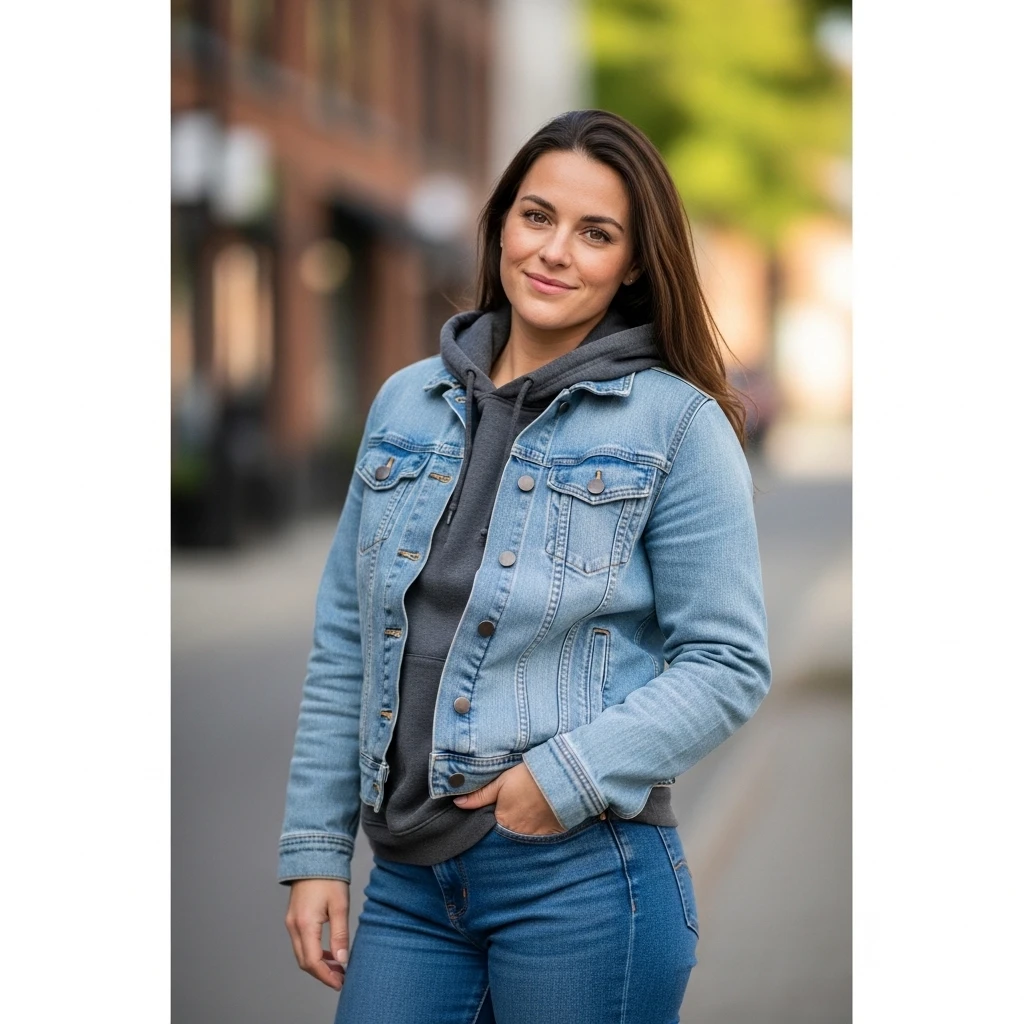 Denim Jacket Layered Over Hoodie With Jeans