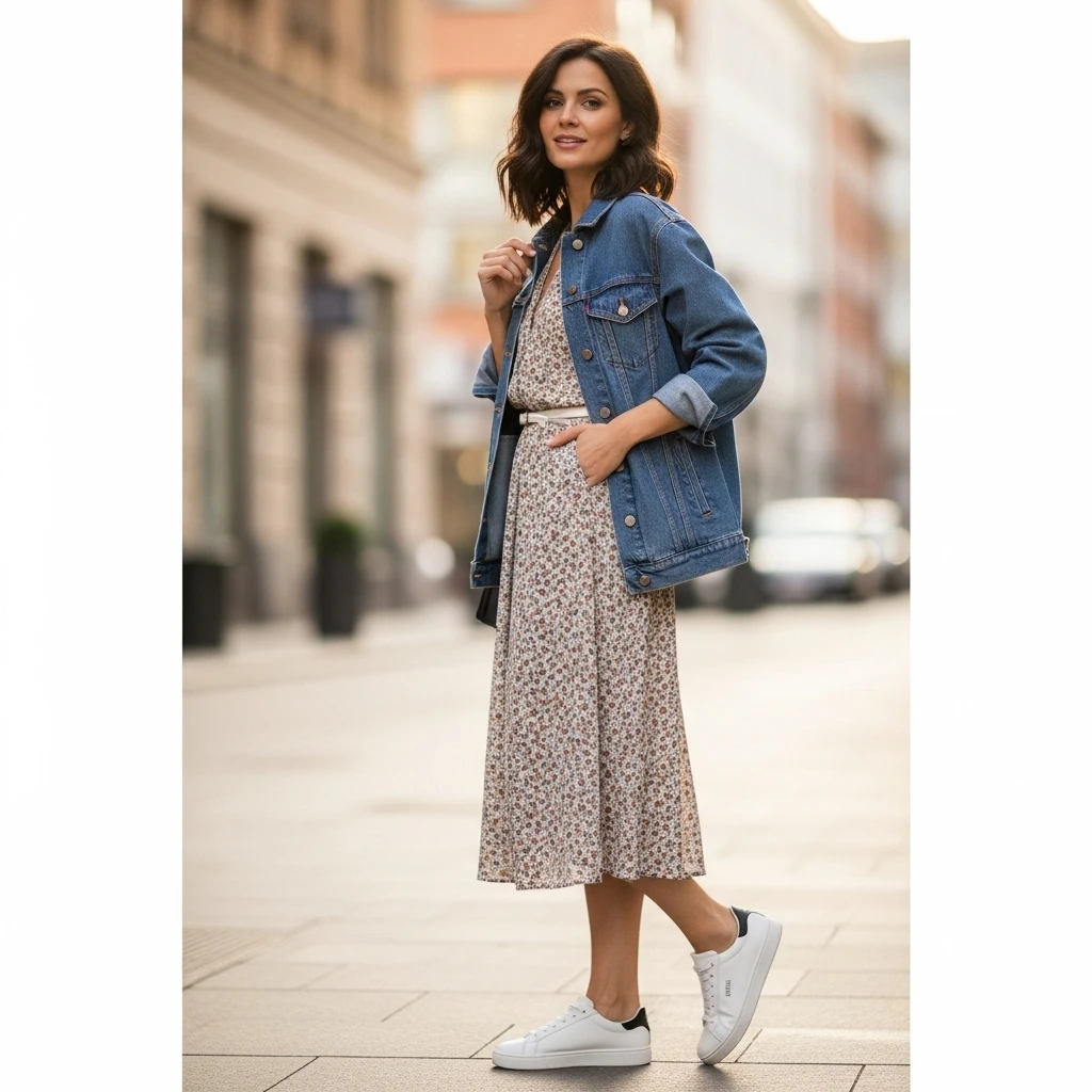 Denim Jacket Over Midi Dress With Sneakers