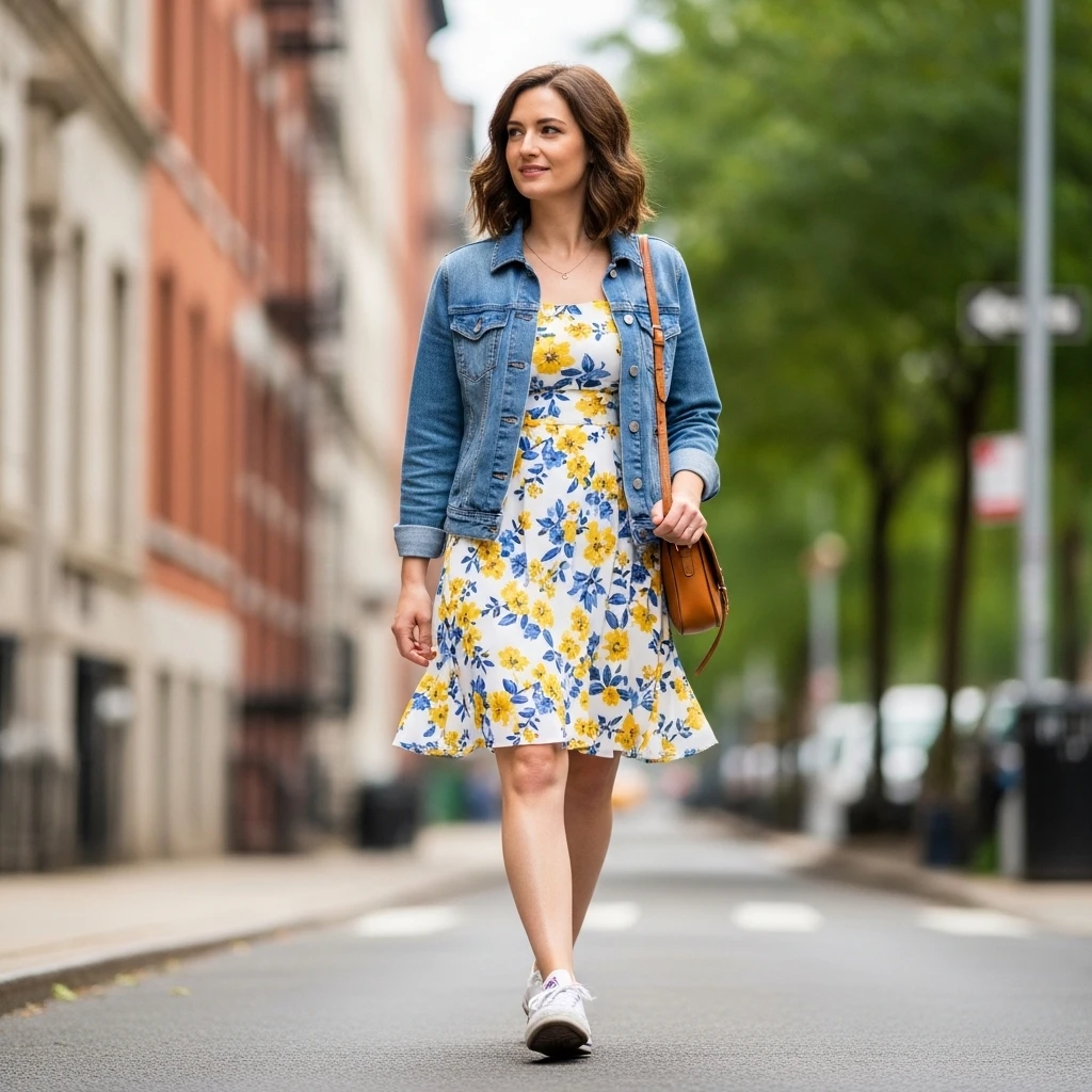 Denim Jacket Over Sundress With Comfortable Sneakers