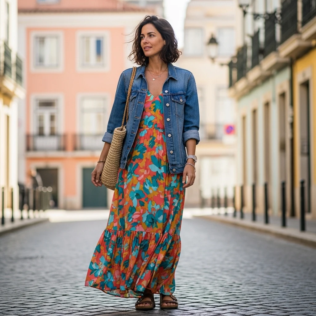 Denim Jacket With Printed Maxi Dress