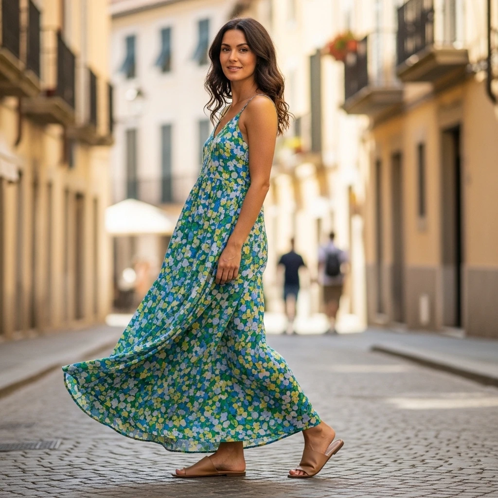 Flowy Maxi Dress With Flat Slides
