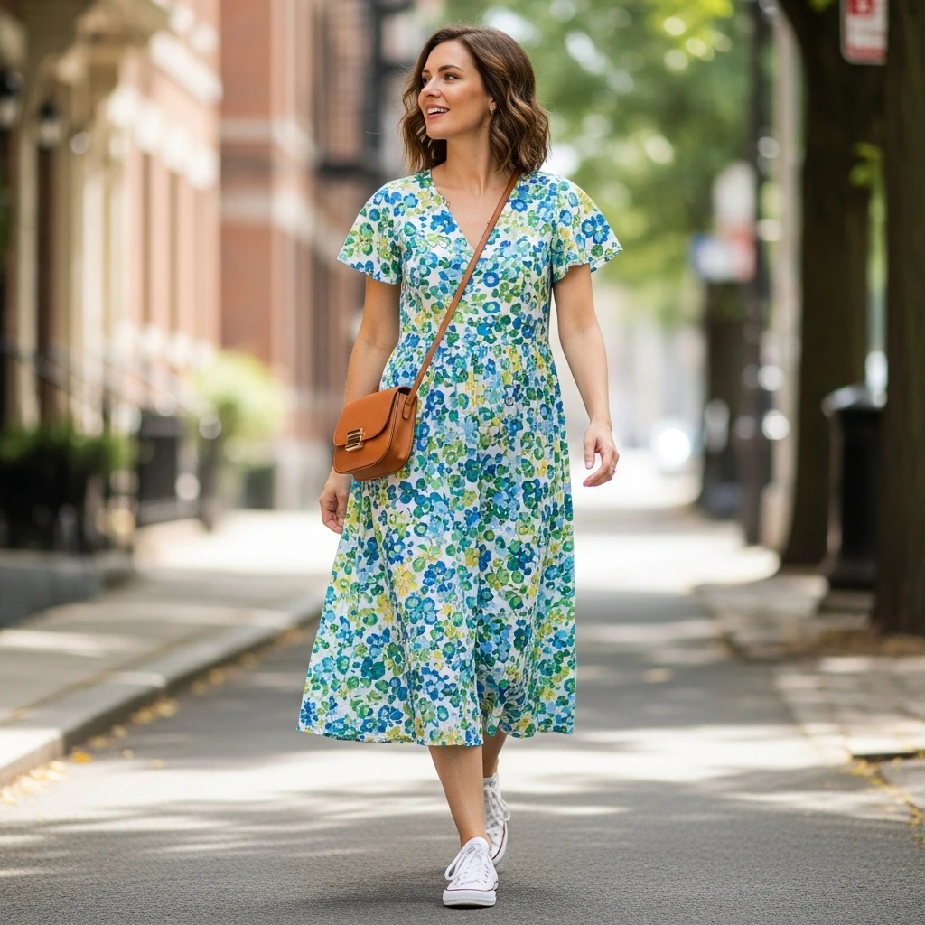 Flowy Midi Dress With Comfortable Sneakers