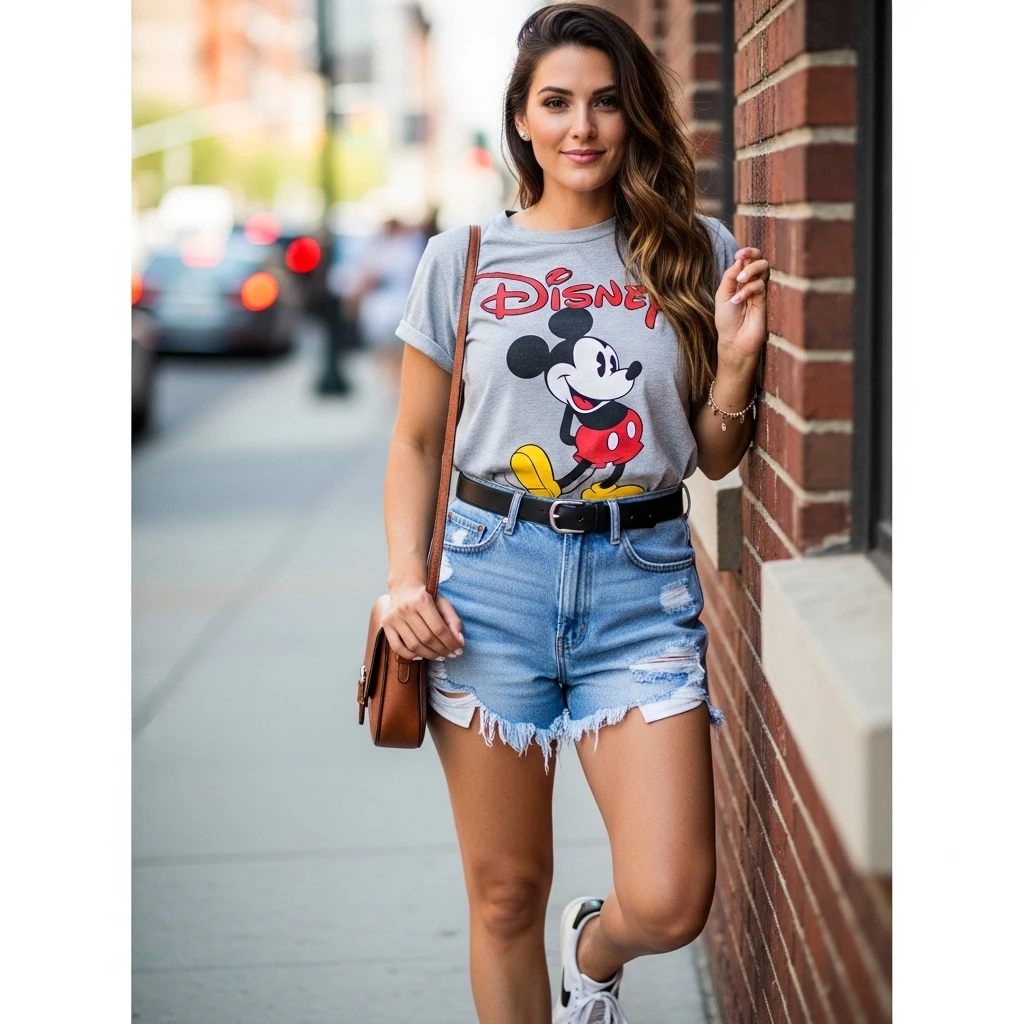 Graphic Disney Tee With High-Waist Denim Shorts And Sneakers