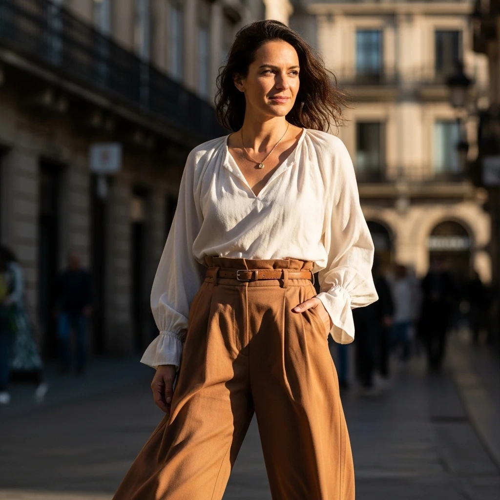 High-Waist Trousers With Breezy Blouse