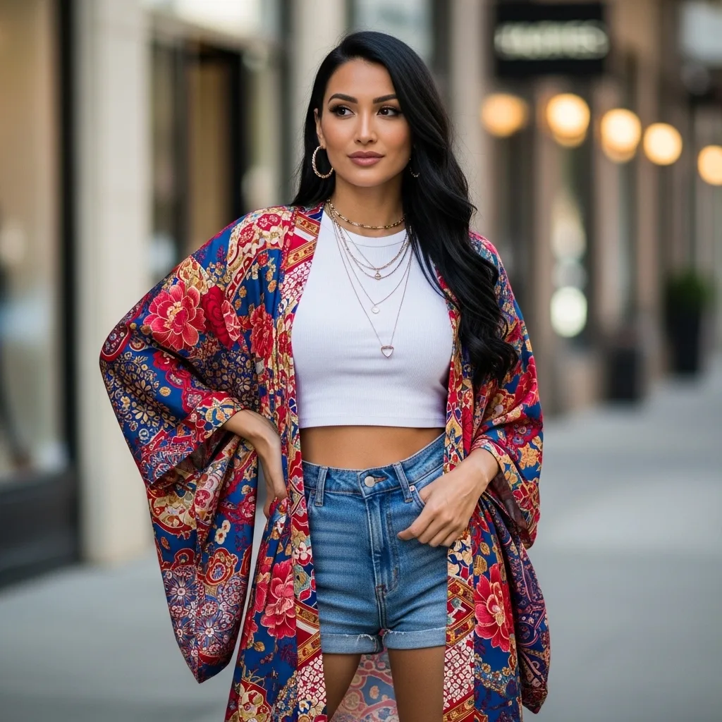 Kimono With Crop Top And Shorts