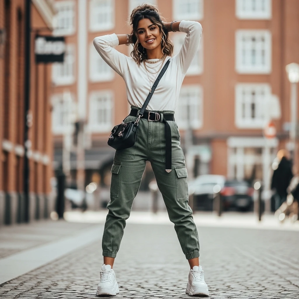 Layered Long-Sleeve Tee With Cargo Pants