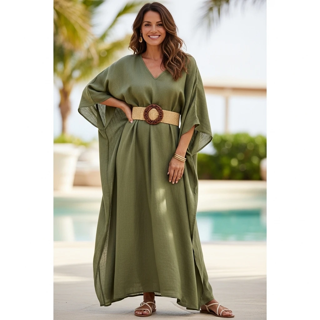 Lightweight Kaftan With Statement Belt And Flats