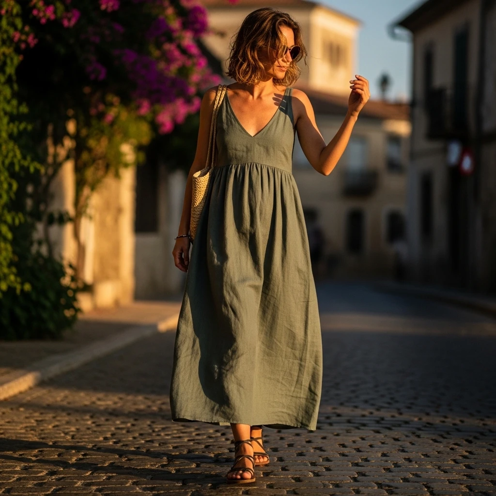 Lightweight Linen Maxi Dress With Flat Sandals