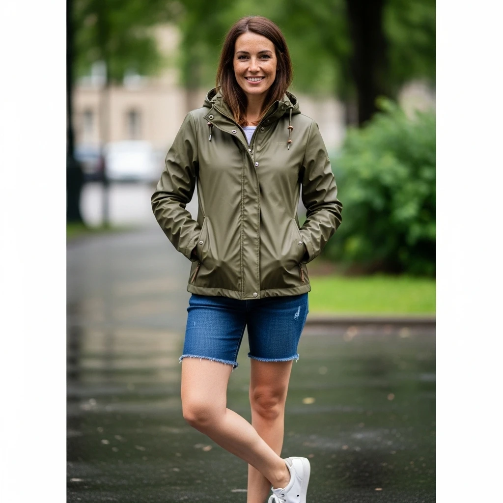 Lightweight Rain Jacket With Shorts And Sneakers