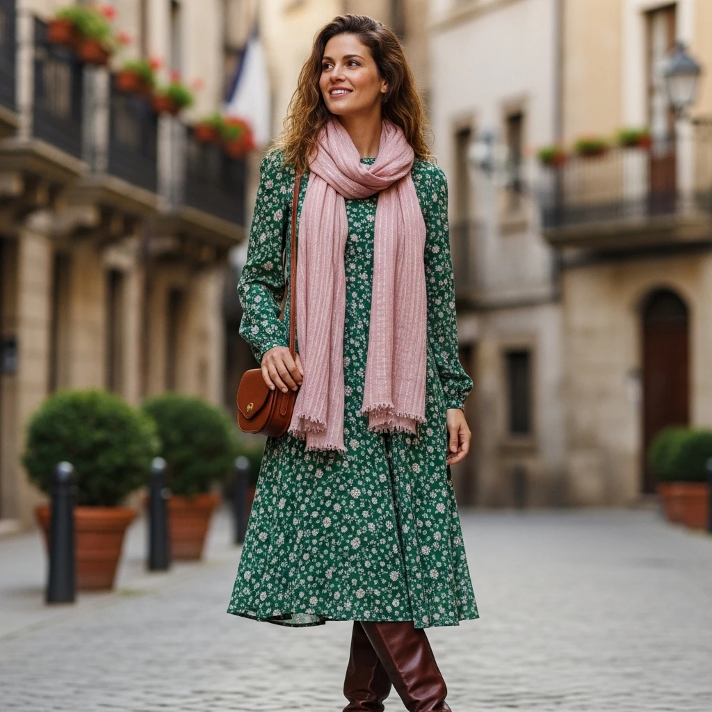 Lightweight Scarf With Midi Dress And Boots