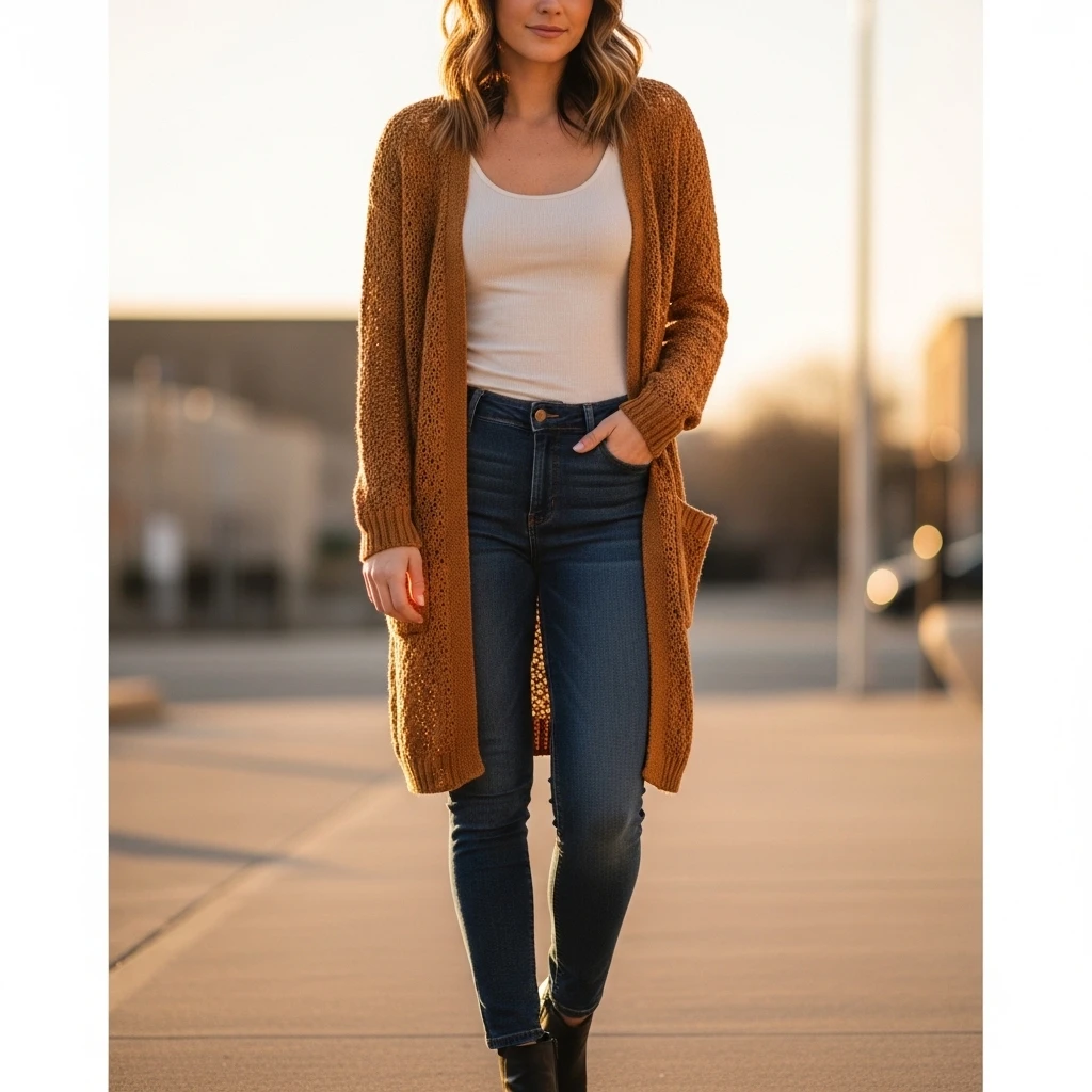 Long Cardigan With Tank And Skinny Jeans