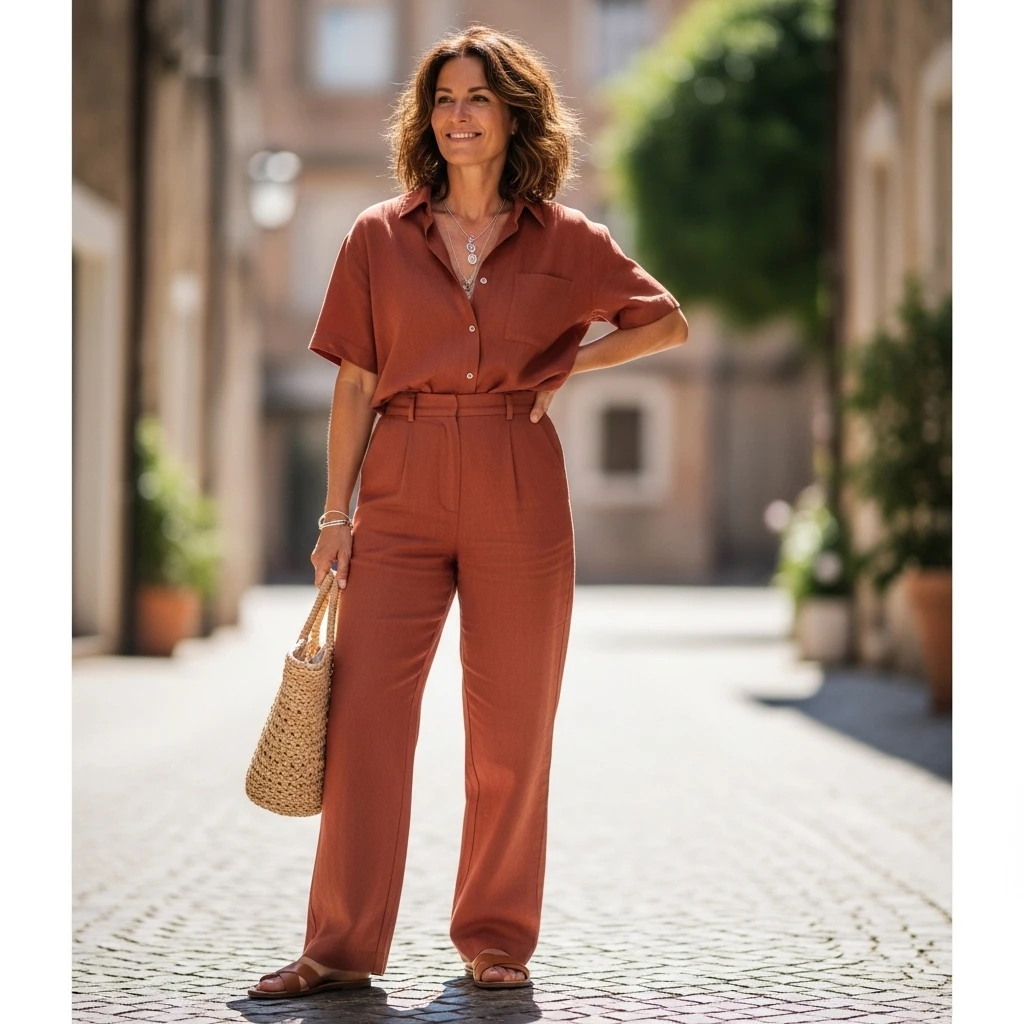 Matching Linen Co-Ord Set With Flat Sandals