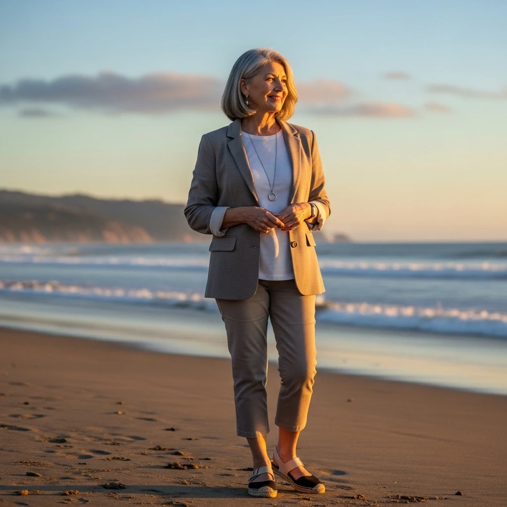 Neutral Blazer With White Tee And Cropped Pants