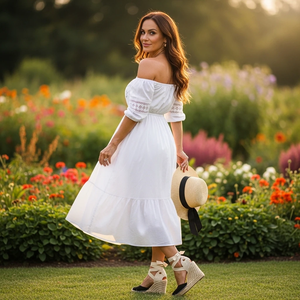 Off-Shoulder Cotton Midi Dress With Wedges