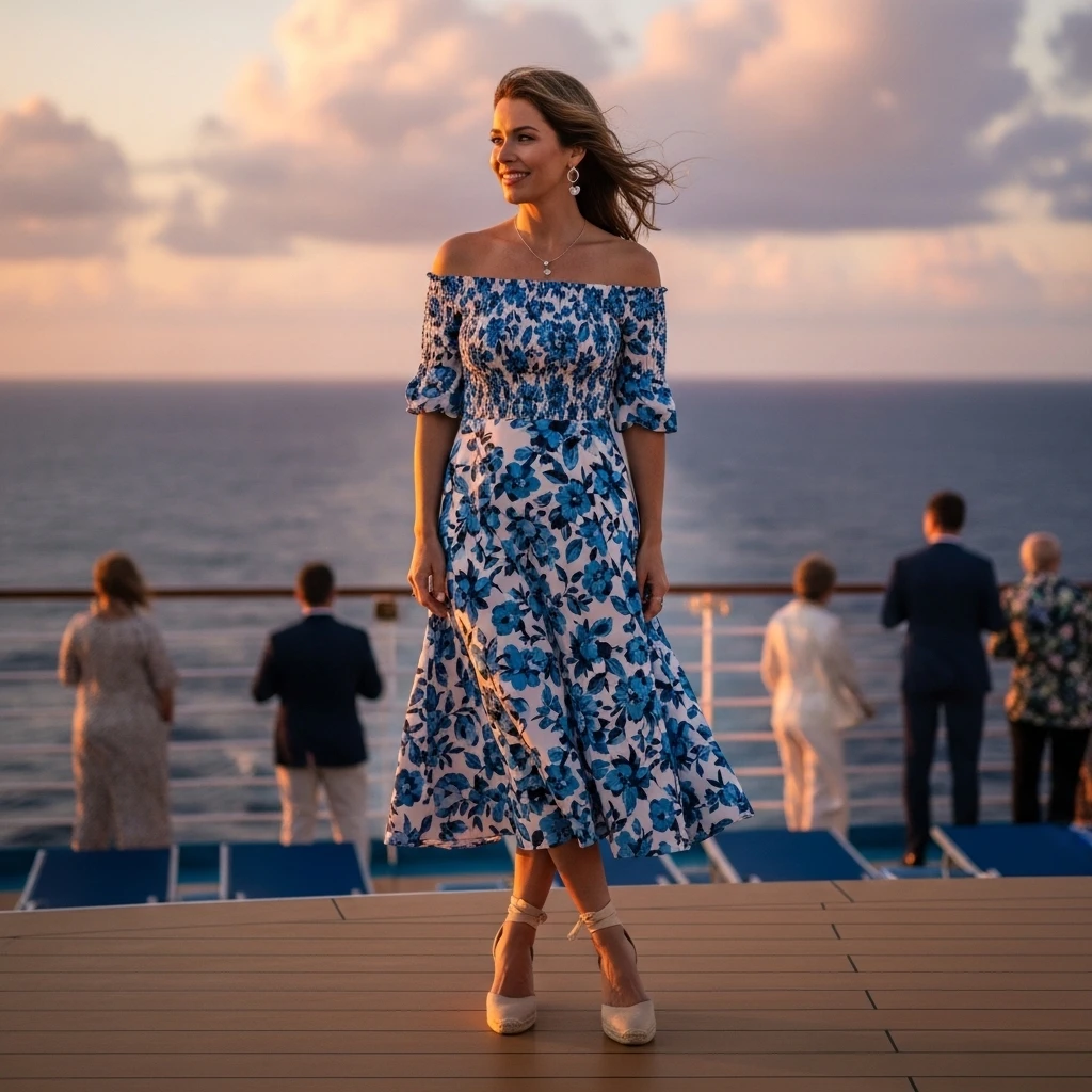 Off-Shoulder Midi Dress With Wedges