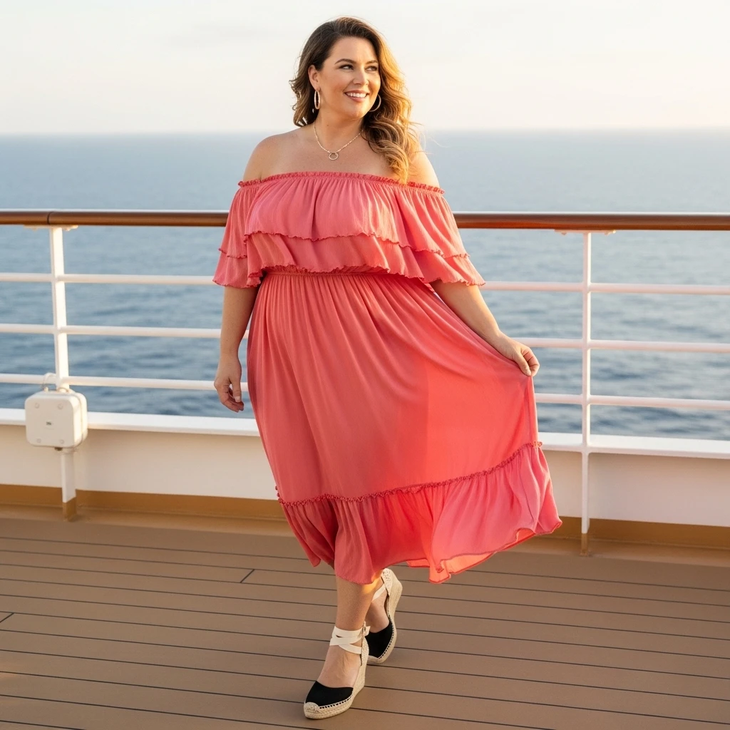 Off-Shoulder Ruffle Dress With Espadrilles