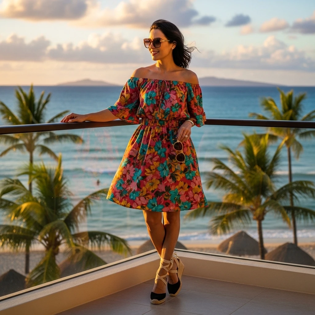 Off-Shoulder Ruffle Dress With Espadrilles