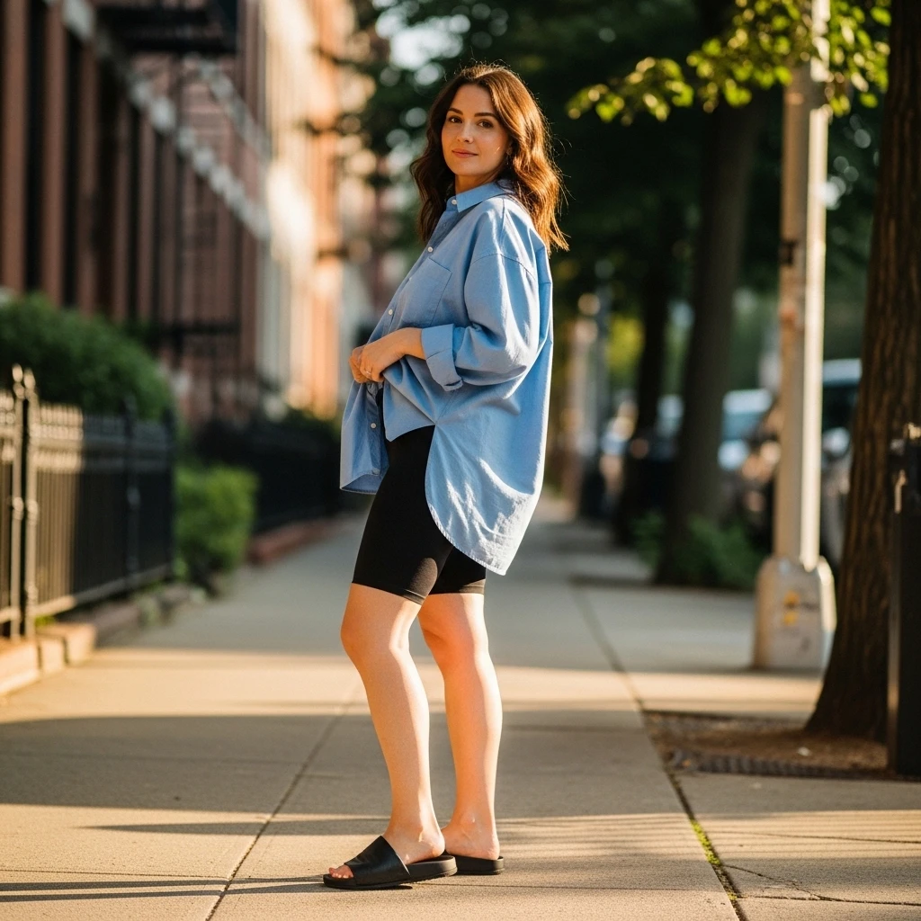 Oversized Shirt With Biker Shorts And Slides