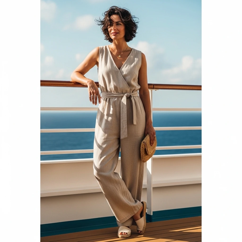 Relaxed Linen Jumpsuit With Open-Toe Sandals