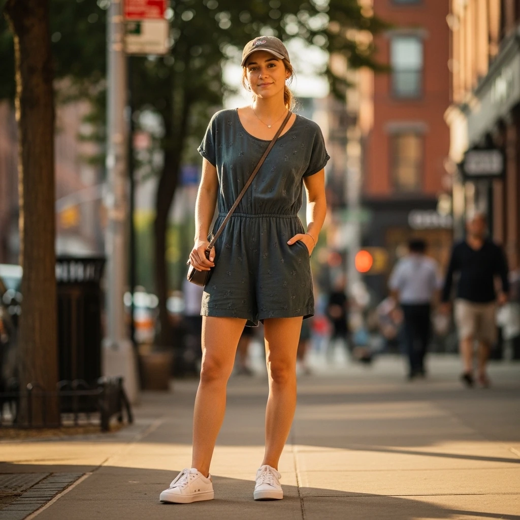 Romper With White Sneakers And Cap